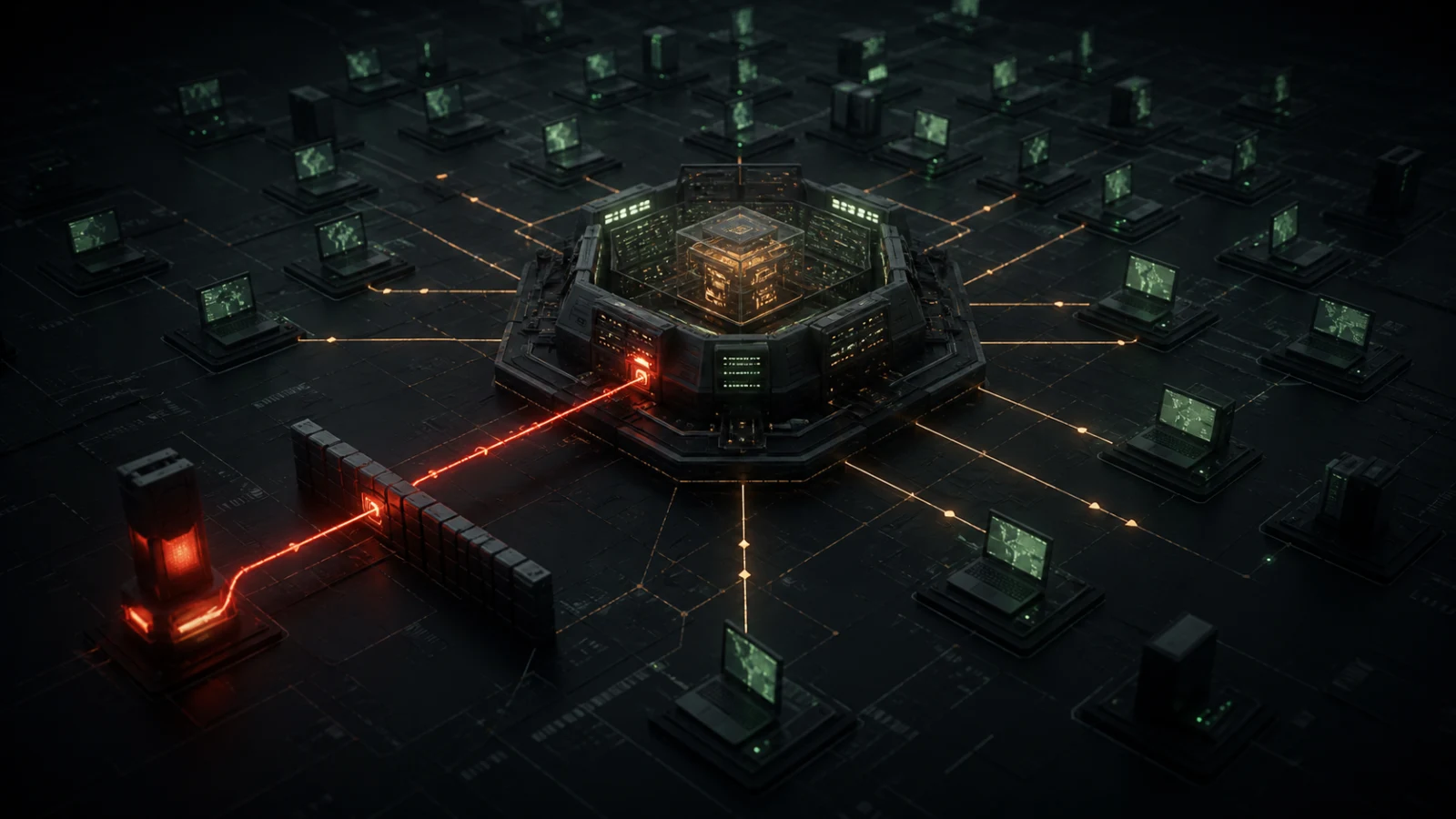 Conceptual illustration of one unauthorized access path reaching a central management system connected to a fleet of endpoints