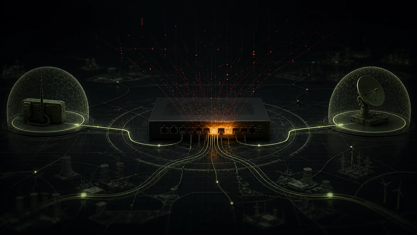 Editorial illustration of hostile scanning converging on a network router between protected communications endpoints